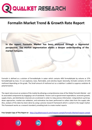 Global Formalin Market Size, Trends & Growth ,By Region and Forecast till 2027