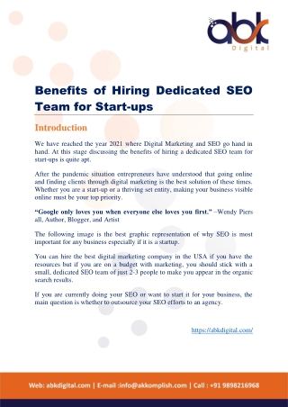 Benefits of Hiring Dedicated SEO Team for Start - Up