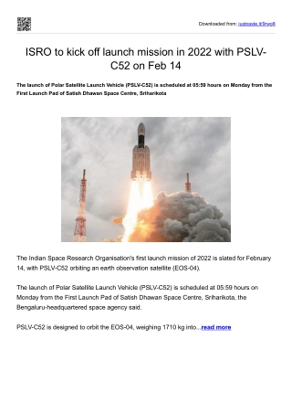 ISRO to kick off launch mission in 2022 with PSLV-C52 on Feb 14