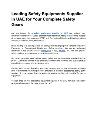 Leading Safety Equipments Supplier in UAE for Your Complete Safety Gears