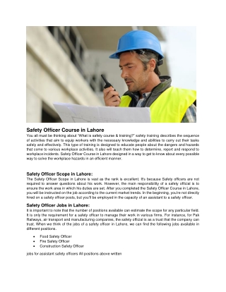 Safety Officer Course in Lahore – Salary, Jobs, Scope, Requirements