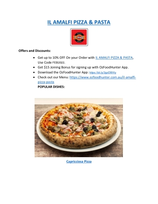 5% Off - IL AMALFI PIZZA & PASTA Hawthorn Menu, VIC