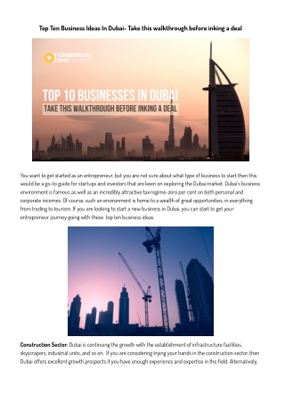 Top Ten Business Ideas In Dubai- Take this walkthrough before inking a deal