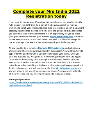 Complete your Mrs India 2022 Registration today