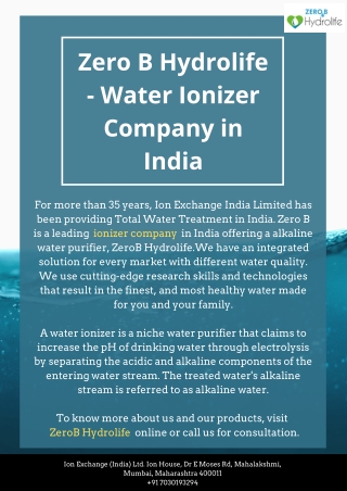 Zero B Hydrolife - Water Ionizer Company in India