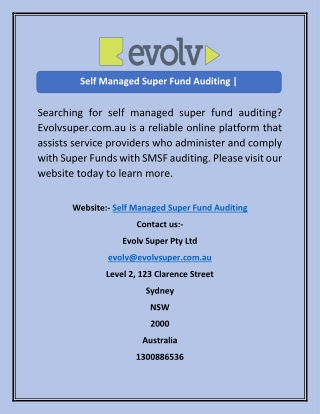 Self Managed Super Fund Auditing Evolvsuper.com