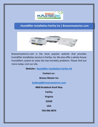 Humidifier Installation Fairfax Va  Breezemasterinc