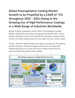 Global Fluoropolymer Coating Market Growth to be Propelled by a CAGR of ~5%