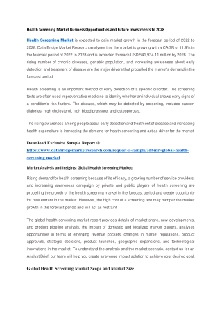 Health Screening Market Business Opportunities and Future Investments to 2028