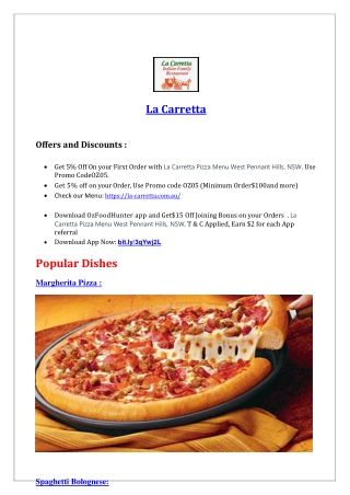 5% Off - La Carretta Pizza Menu West Pennant Hills, NSW