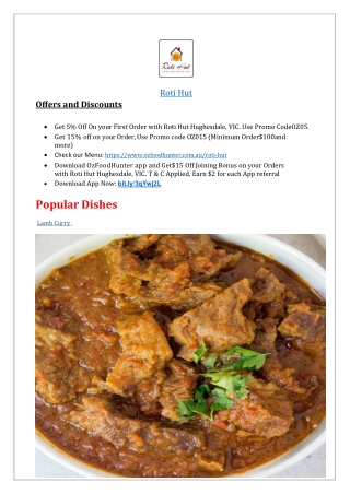 $5 Off - Roti Hut Indian food Restaurant Menu Hughesdale,VIC