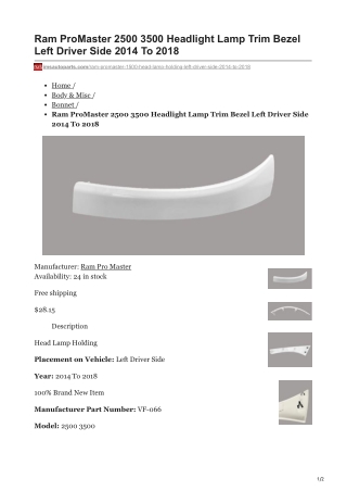 imsautoparts.com-Ram ProMaster 2500 3500 Headlight Lamp Trim Bezel Left Driver Side 2014 To 2018