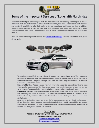 Some of the Important Services of Locksmith Northridge