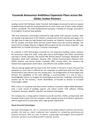 Ecosmob Announces Ambitious Expansion Plans across the Globe, Invites Partners