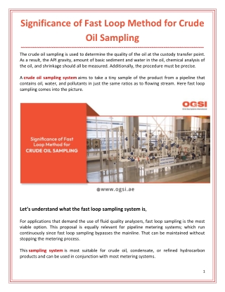 Significance of Fast Loop Method for Crude Oil Sampling