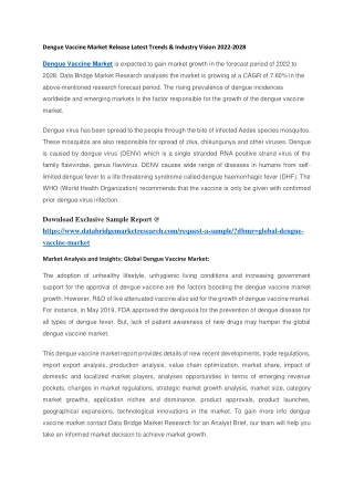 Dengue Vaccine Market Release Latest Trends & Industry Vision 2022-208