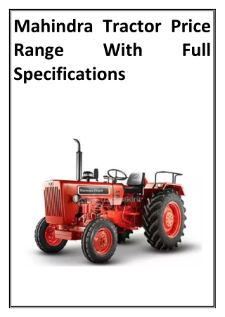 Mahindra Tractor Price Range With Full Specifications