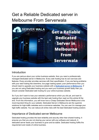 Get Reliable Dedicated server Hosting in Melbourne From Serverwala