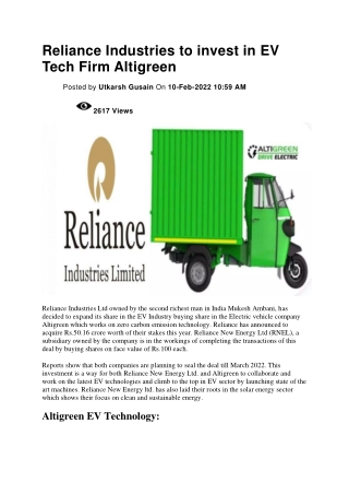 Reliance Industries to invest in EV Tech Firm Altigreen
