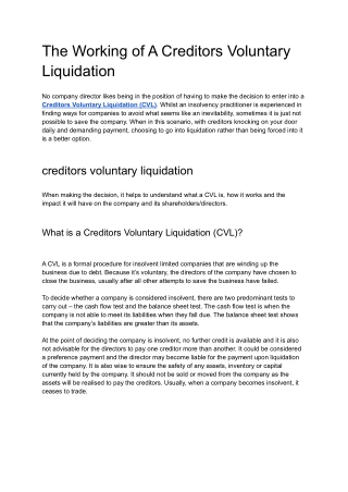 The Working of A Creditors Voluntary Liquidation