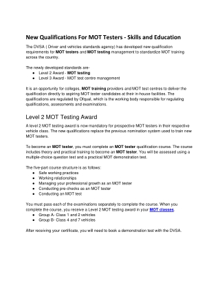 New Qualifications for MOT Testers - Skills and Education