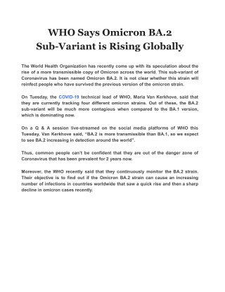 WHO Says Omicron BA.2 Sub-Variant is Rising Globally