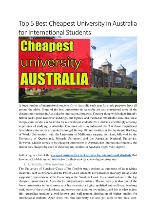 Top 5 Best Cheapest University in Australia for International Students