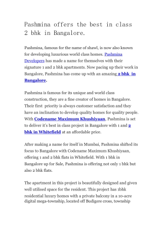 Pashmina offers the best in class 2 bhk in Bangalore