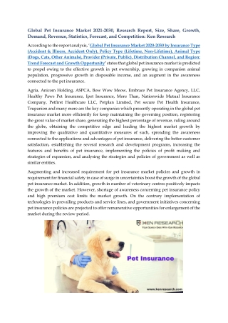 Global Pet Insurance Market 2021-2030, Research Report, Size, Share