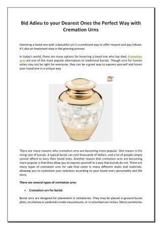 Bid Adieu to your Dearest Ones the Perfect Way with Cremation Urns