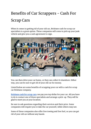 Benefits of Car Scrappers - Cash For Scrap Cars