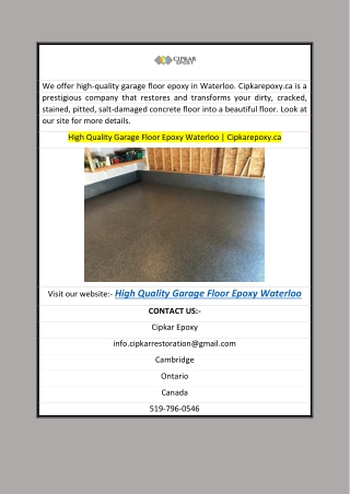 High Quality Garage Floor Epoxy Waterloo  Cipkarepoxy.ca