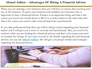 Ahmad Ashkar – Advantages Of Hiring A Financial Advisor