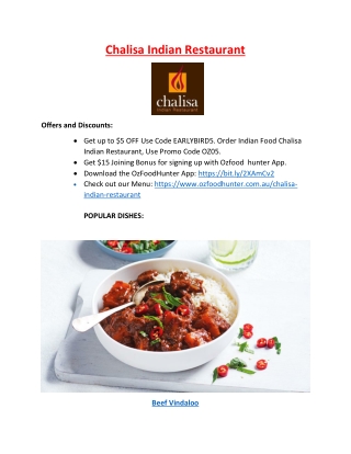 $5 off - Chalisa Indian Restaurant Menu Greenway, ACT