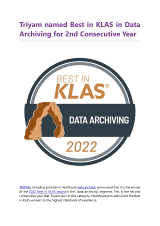 Triyam named Best in KLAS in Data Archiving for 2nd Consecutive Year