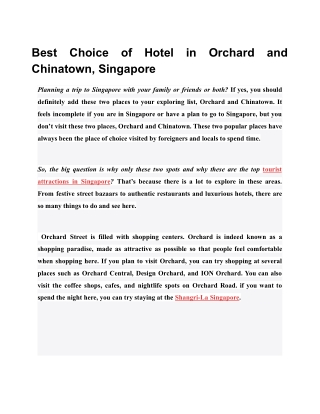 Best Choice of Hotel in Orchard and Chinatown, Singapore