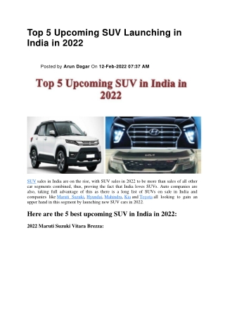 Top 5 Upcoming SUV Launching in India in 2022