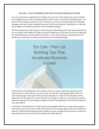 Elo Cole - Free List Building Tips That Accelerate Business Growth