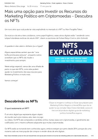 Mais uma opção para Investir os Recursos do Marketing Político em Criptomoedas - Descubra os NFTs Marketing Político - P