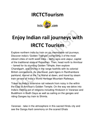 Enjoy Indian rail journeys  with IRCTC Tourism