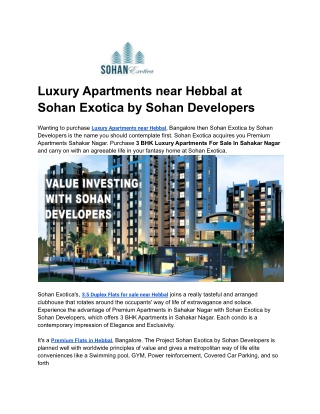 Luxury Apartments near Hebbal at Sohan Exotica by Sohan Developers