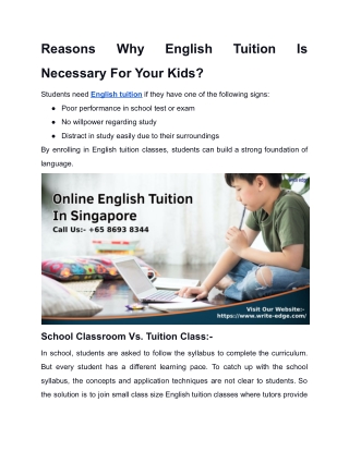 Reasons Why English Tuition Is Necessary For Your Kids