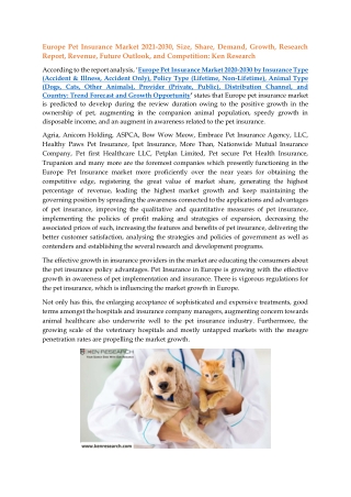 Europe Pet Insurance Market 2021-2030, Size, Share, Demand, Growth