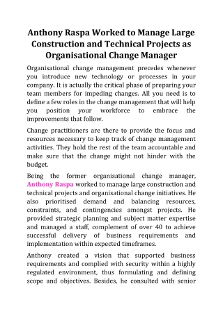 Anthony Raspa Worked to Manage Large Construction and Technical Projects as Organisational Change Manager