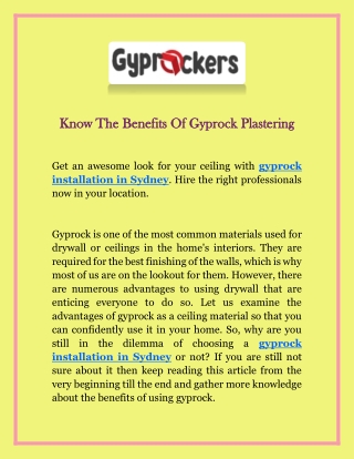 Know The Benefits Of Gyprock Plastering