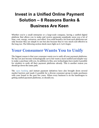 Invest in a Unified Online Payment Solution – 8 Reasons Banks & Business Are Keen