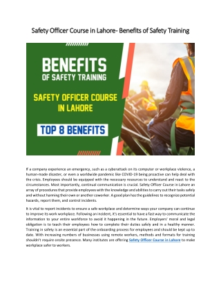 Safety Officer Course in Lahore - Benefits of Safety Training