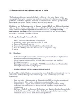 A Glimpse Of Banking & Finance Sector In India