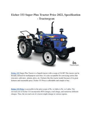 Eicher 333 Super Plus Tractor Price 2022, Specification - Tractorgyan
