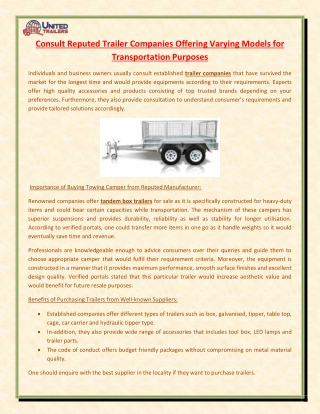 Consult Reputed Trailer Companies Offering Varying Models for Transportation Purposes